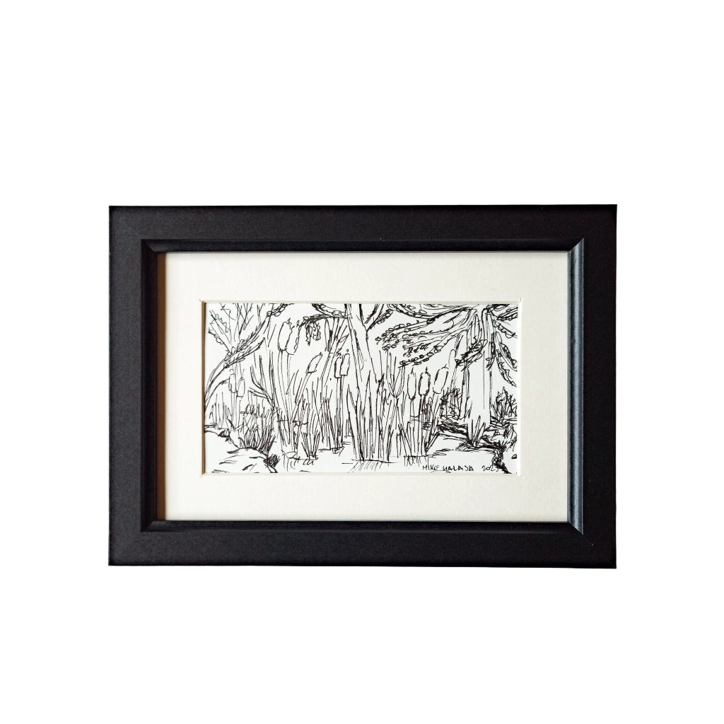 Black and white framed ink sketch.