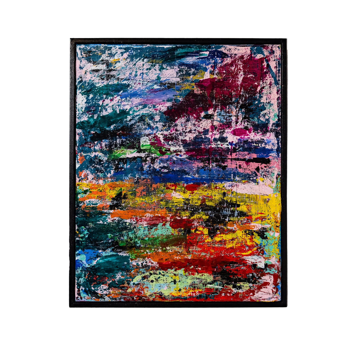 Abstract painting with vibrant colors on a white wall