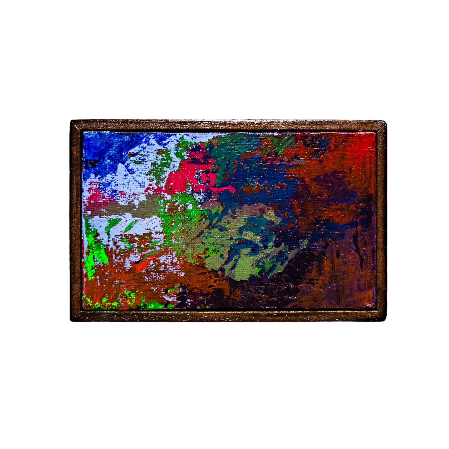 Colorful abstract painting in a wooden frame on a white background