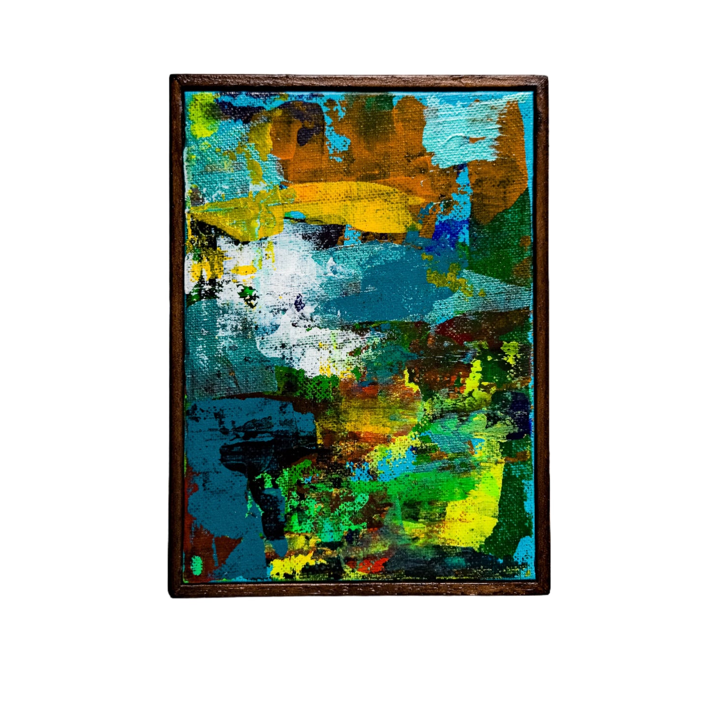 Abstract painting with vibrant colors on a white wall