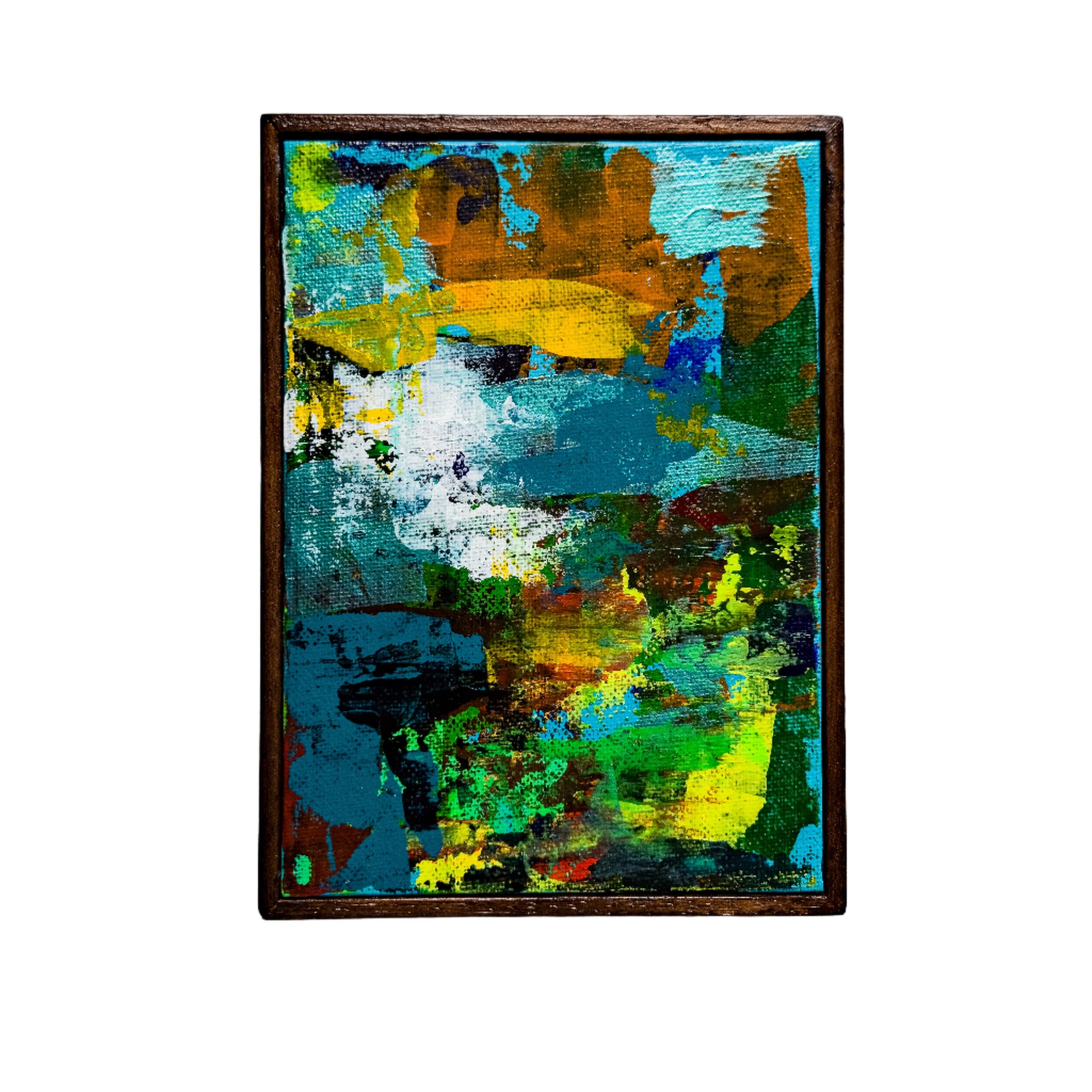 Abstract painting with vibrant colors on a white wall