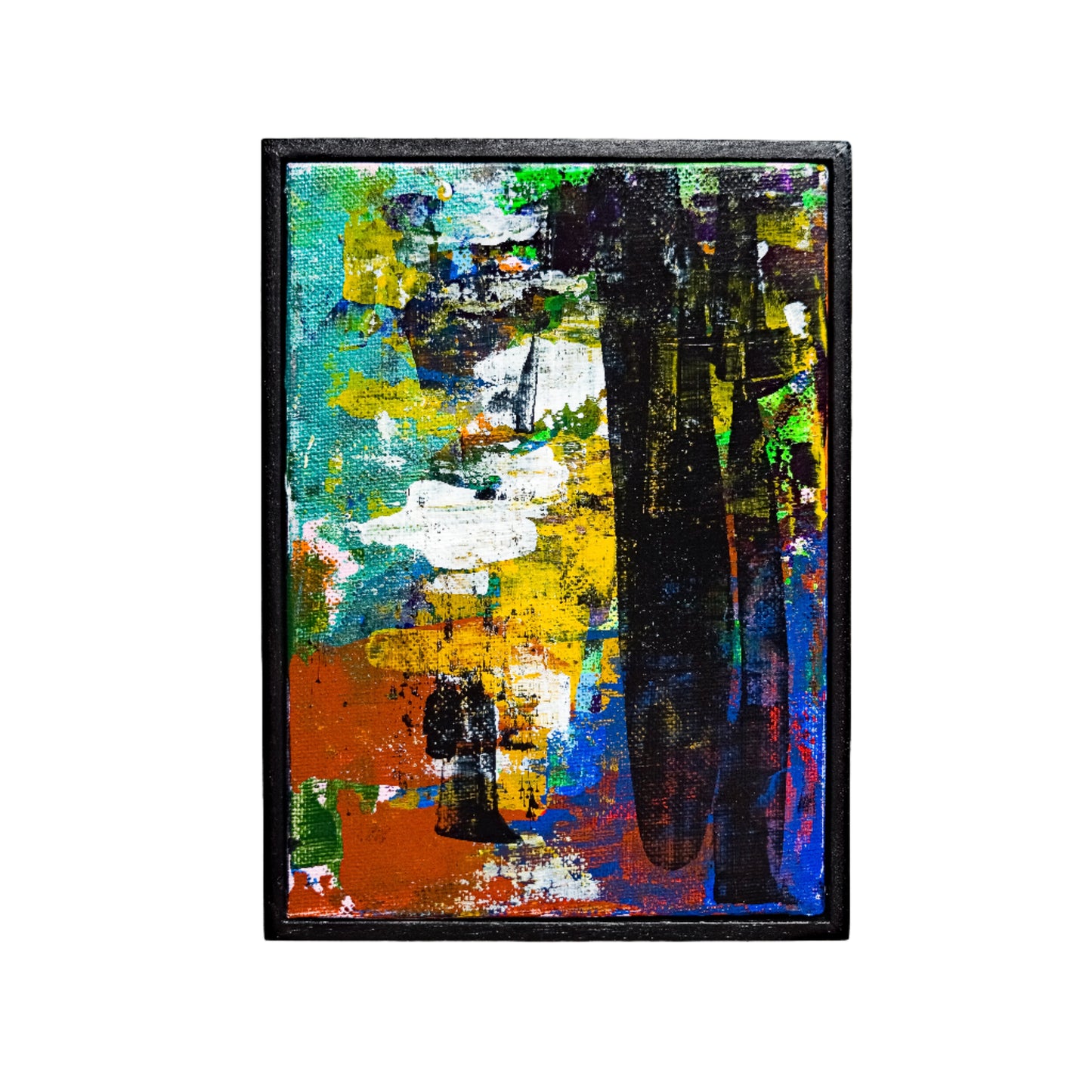 Abstract painting with vibrant colors in a black frame on a white wall