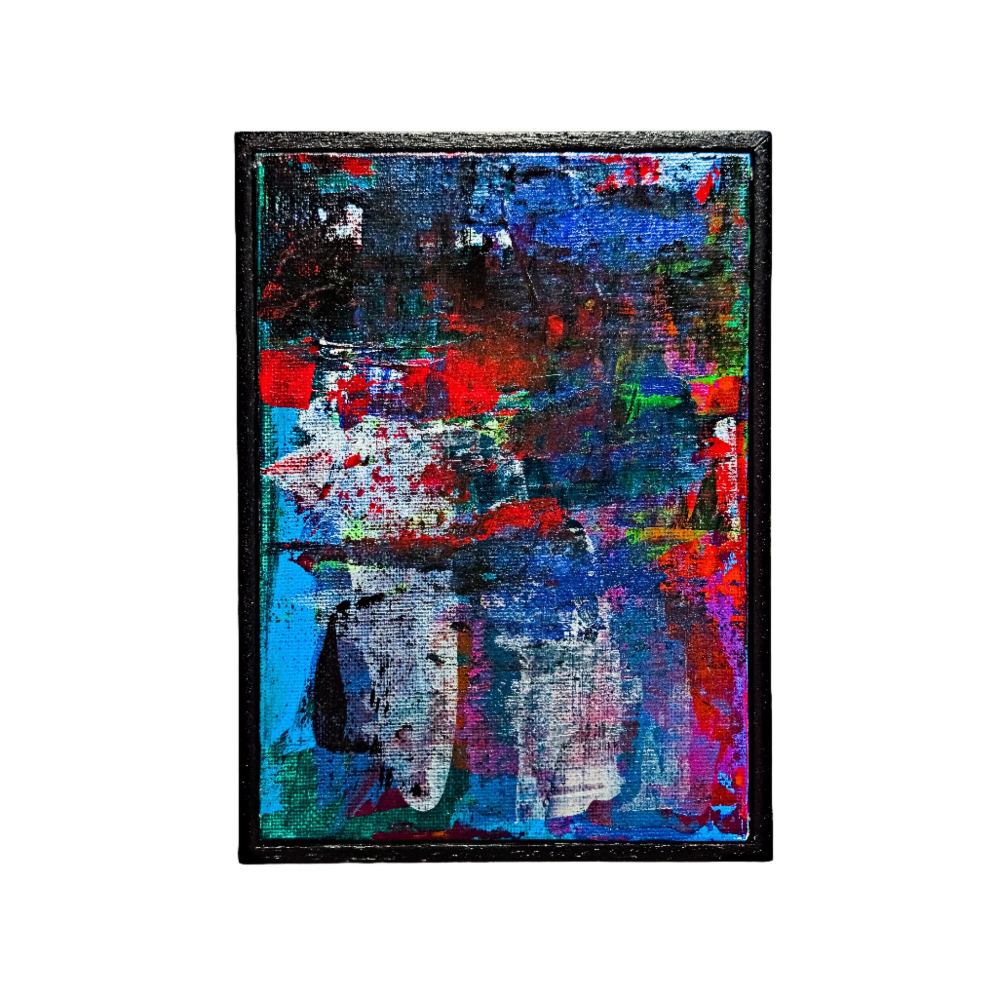 Abstract painting with vibrant colors in a black frame on a white background