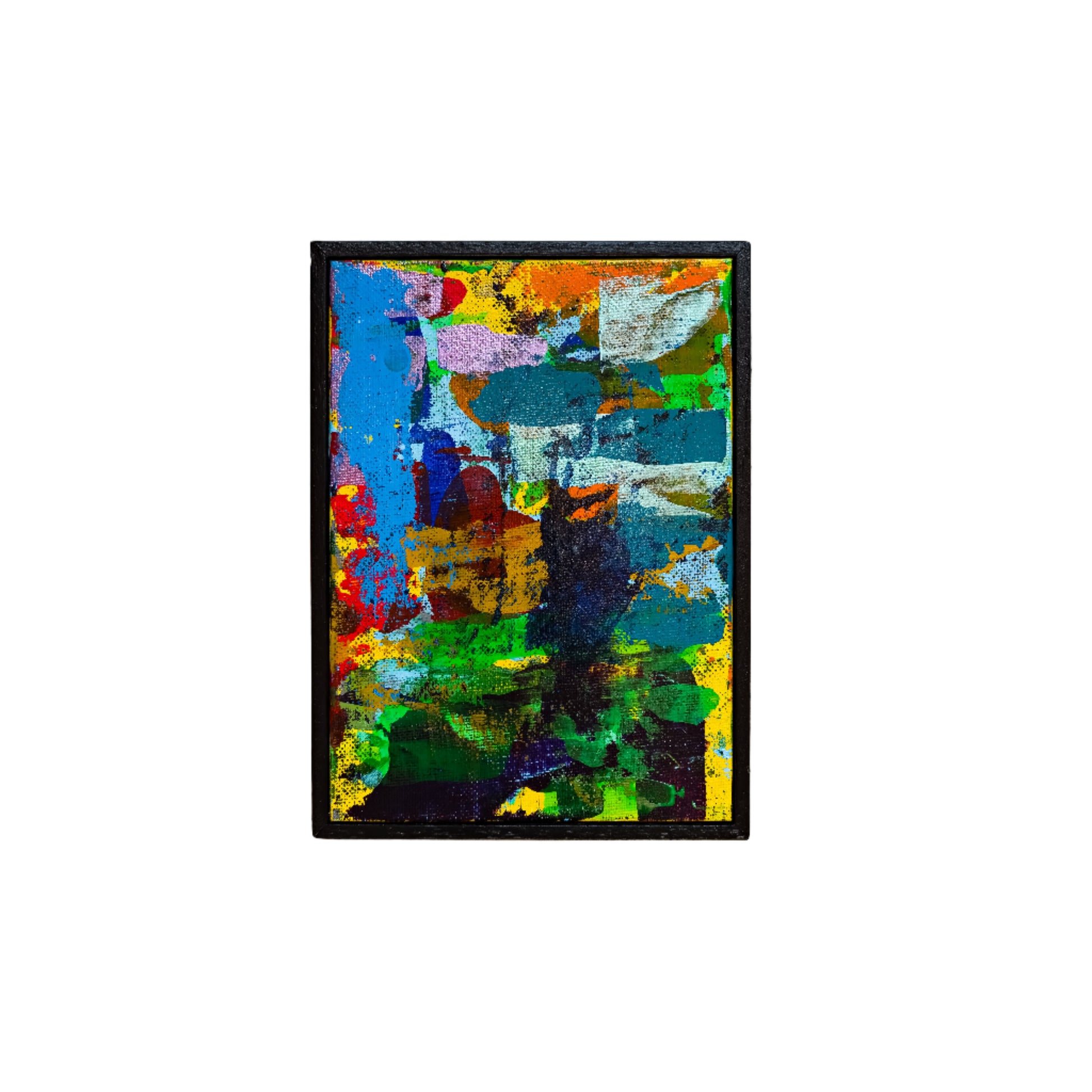 Abstract painting with vibrant colors in a black frame on a white wall