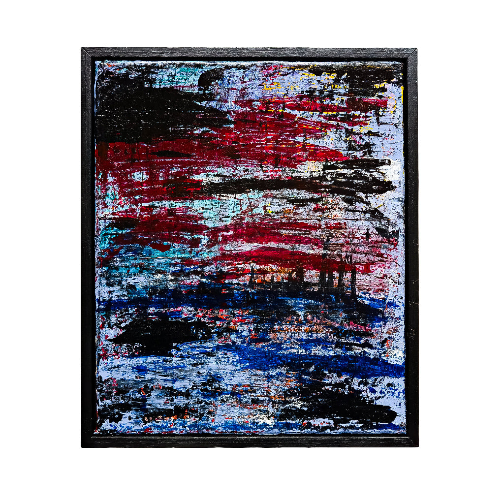 Abstract landscape painting with blue and red colour palette. 