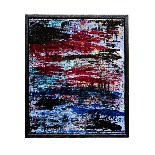 Abstract landscape painting with blue and red colour palette. 