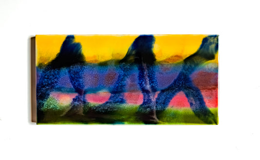 This image features a unique glazed ceramic artwork titled "Attempt One." The artwork, measuring 3x6 inches, showcases an abstract composition in a vibrant array of colors.