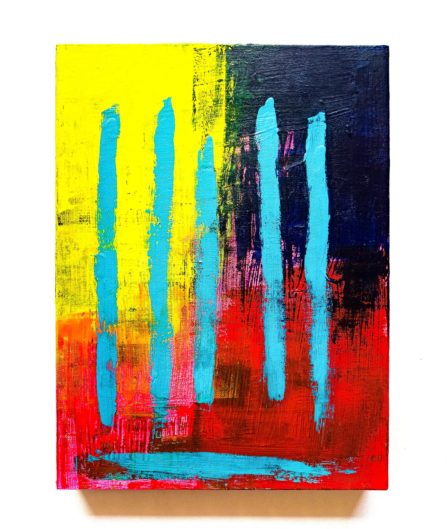Abstract painting with vertical blue strokes on a multicolored background