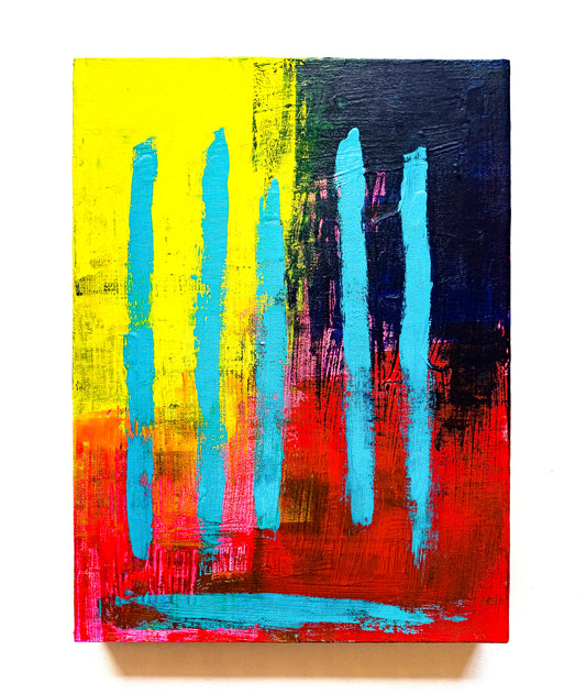 Abstract painting with vertical blue strokes on a multicolored background