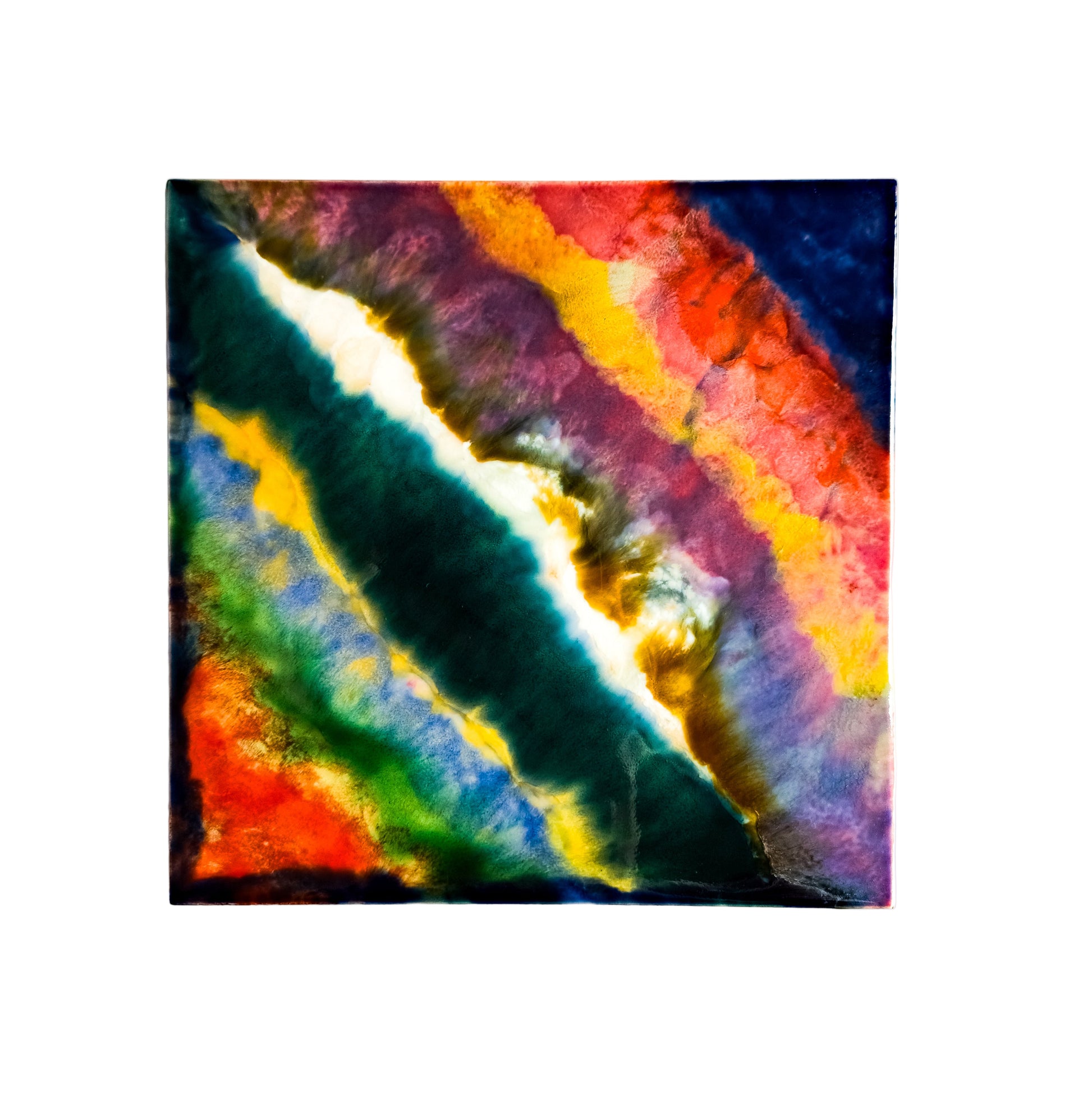 This image features a vibrant, abstract ceramic tile artwork titled "Bleed." The artwork measures 6x6 inches and showcases an intense blend of multicolored patterns that evoke a sense of movement and energy.