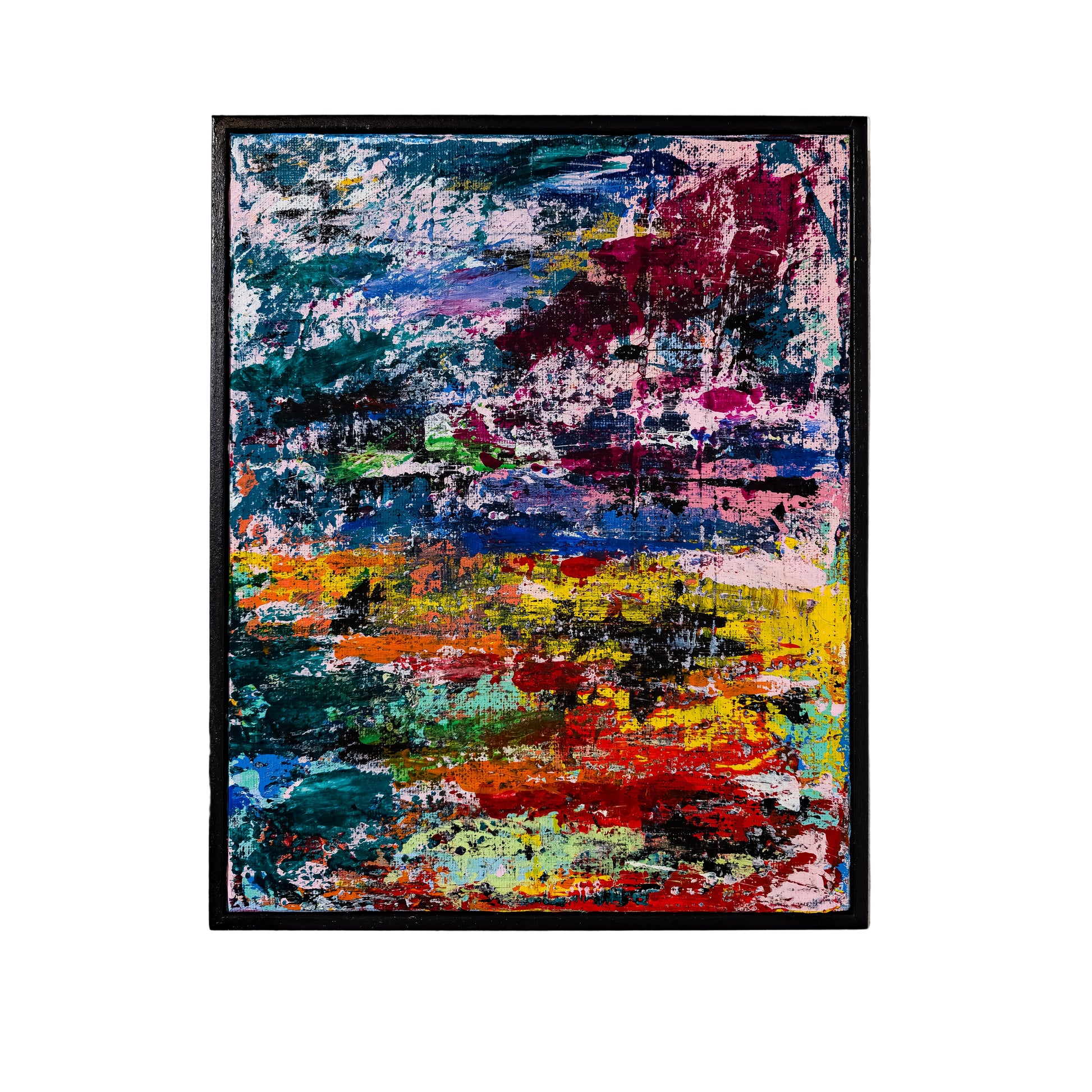 Abstract painting with vibrant colors on a white wall