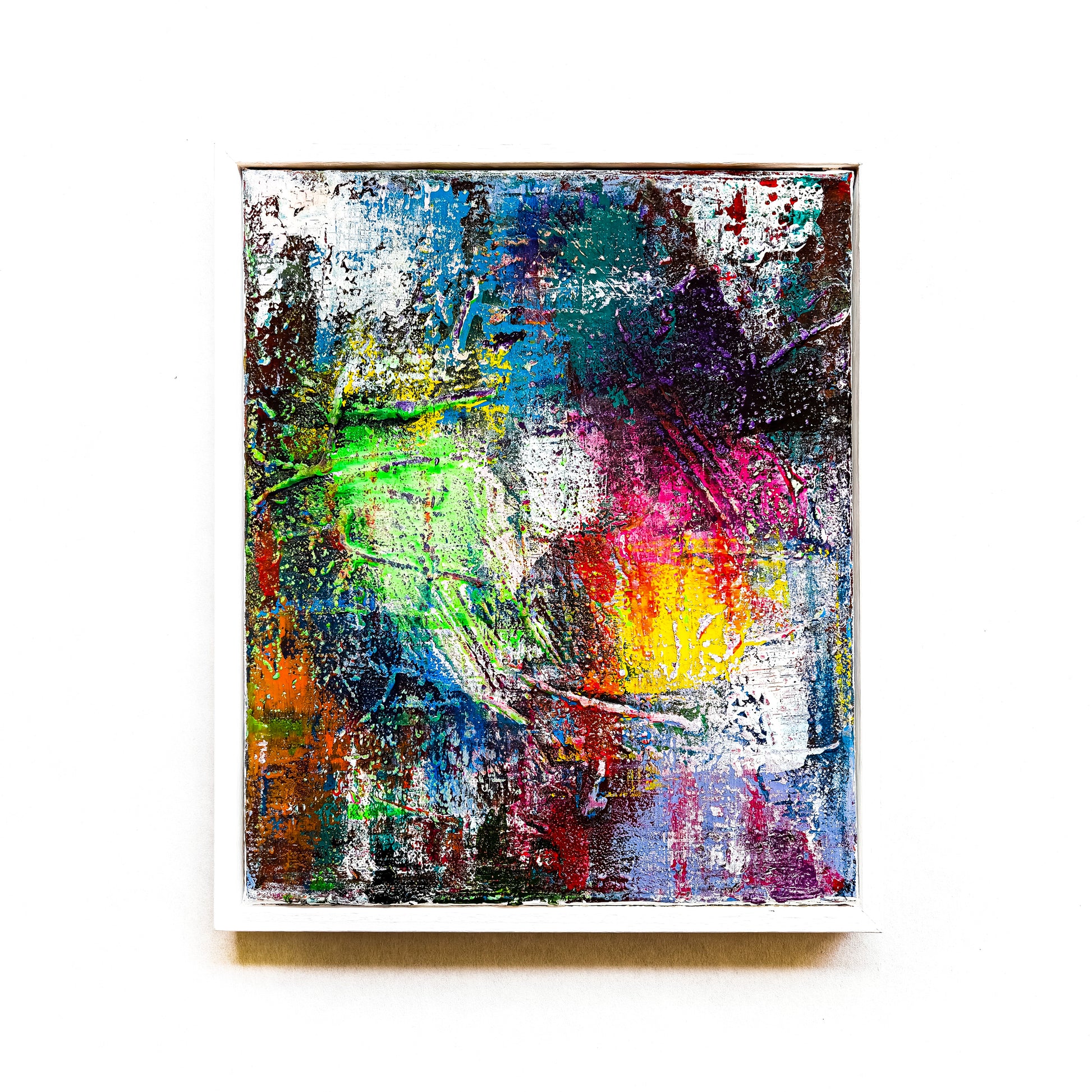 Abstract painting with vibrant blue and red colour palette. 