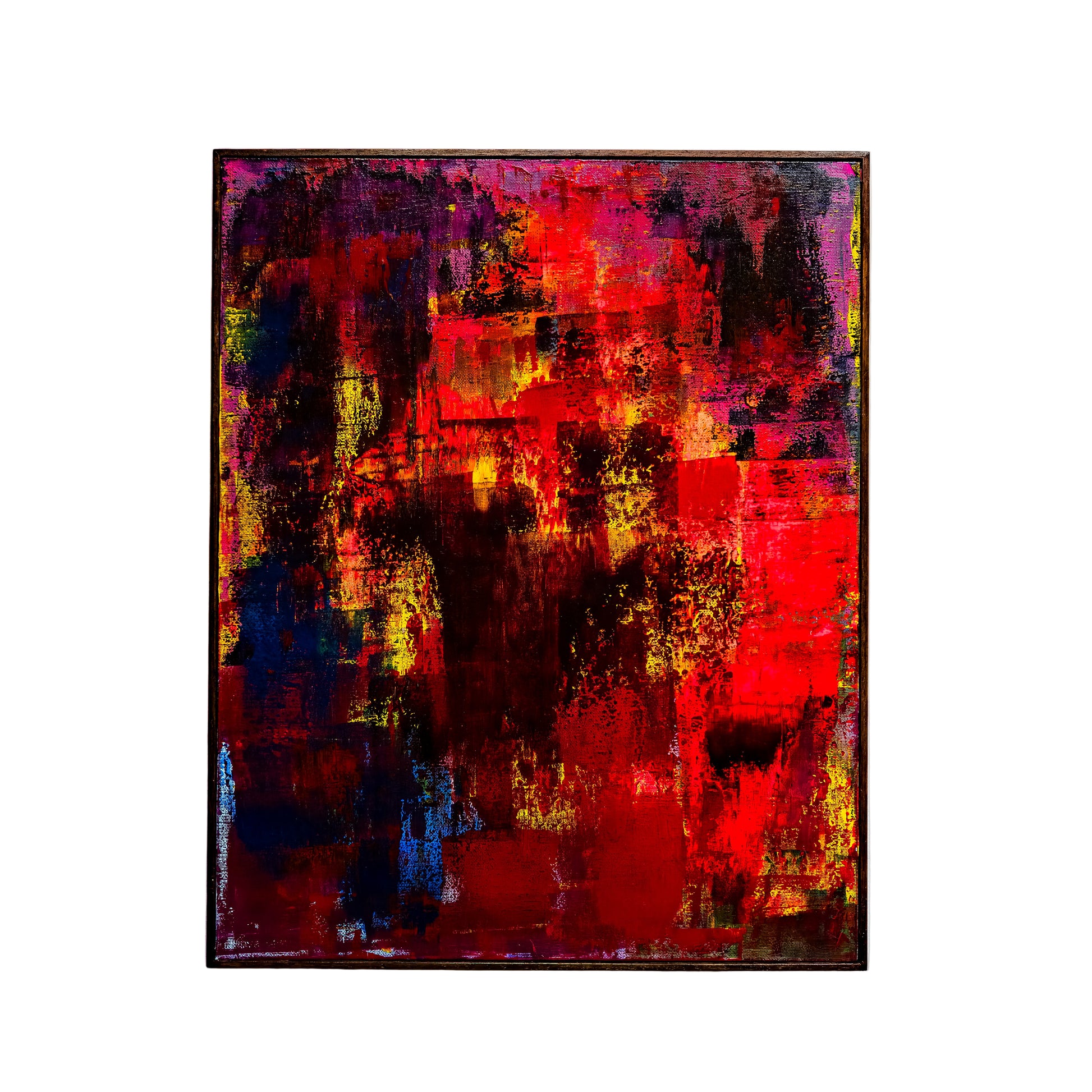 Abstract art painting with vibrant red, yellow, and black colors on a white wall.