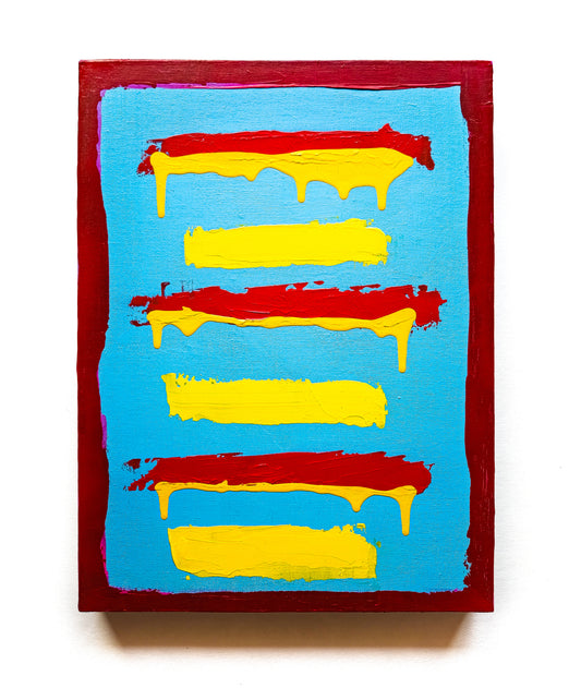 Abstract art piece with red and yellow horizontal strokes on a blue background