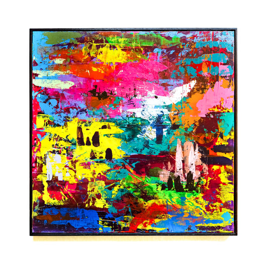 Abstract painting with vivid colours on a white wall. 