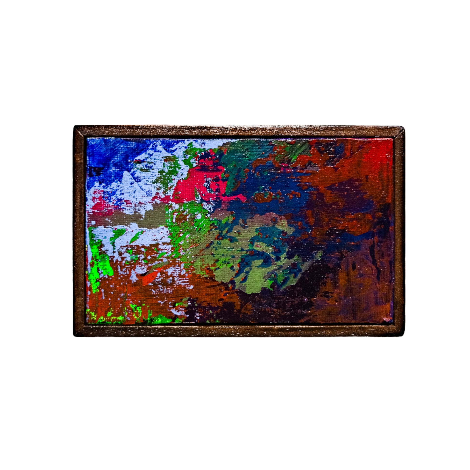Colorful abstract painting in a wooden frame on a white background