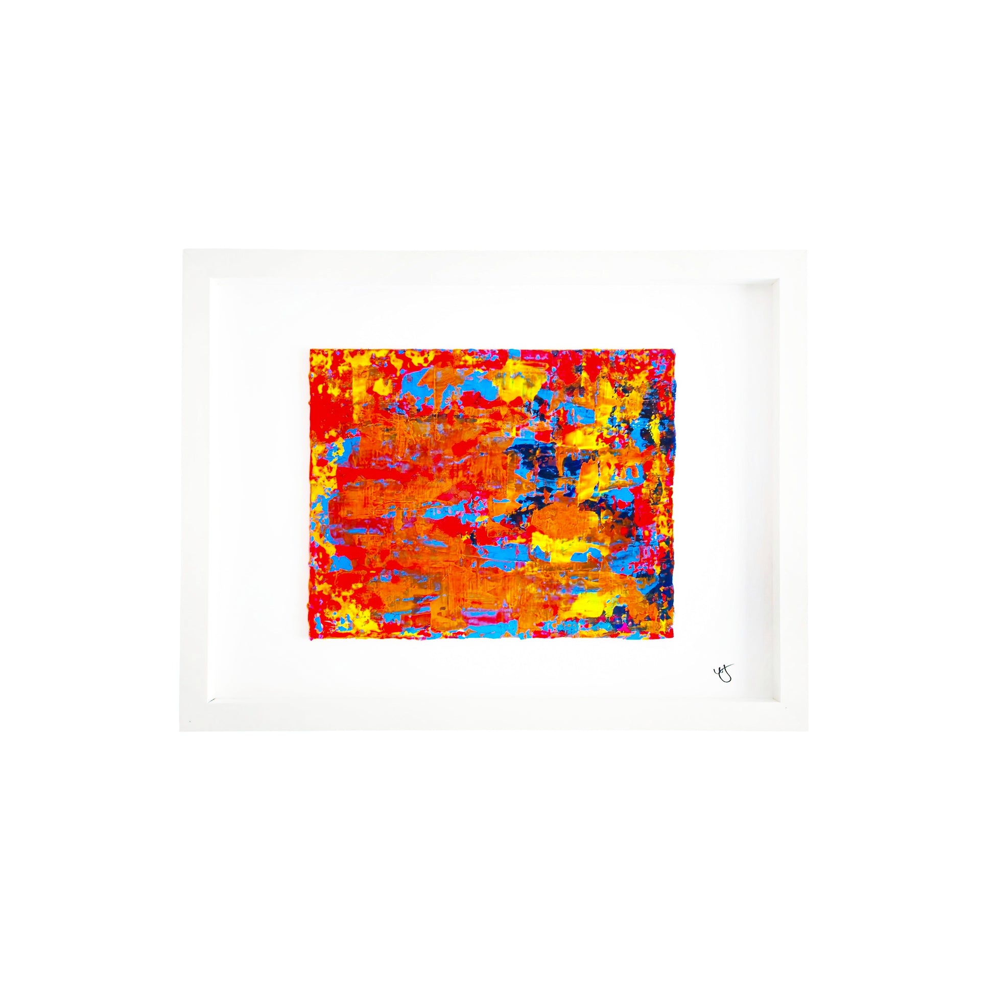 Colorful abstract painting in a white frame on a white background