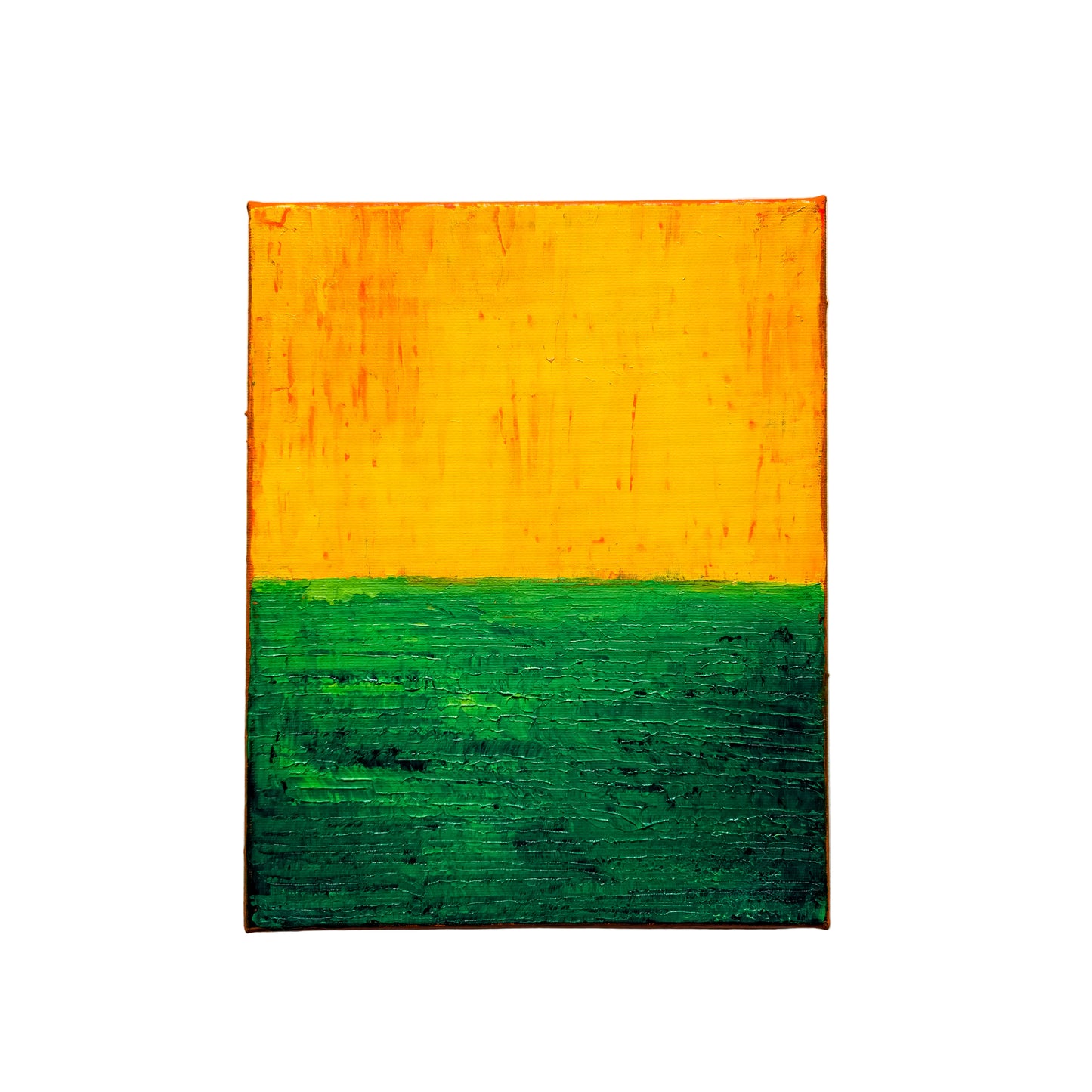 Rectangular painting with orange and green horizontal stripes on a light gray background