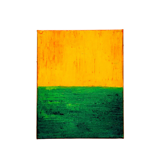 Rectangular painting with orange and green horizontal stripes on a light gray background