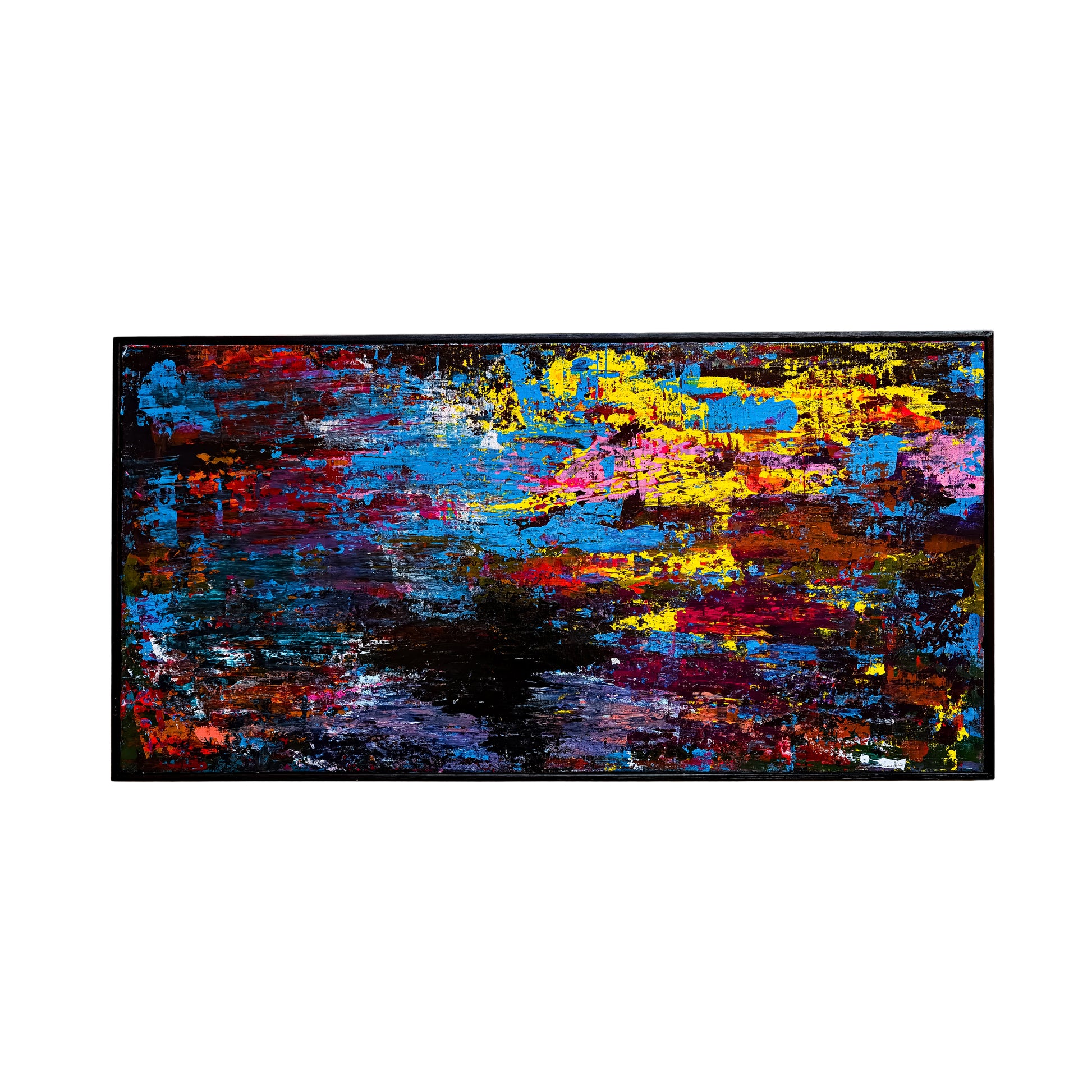Abstract painting with vibrant colors on a white wall