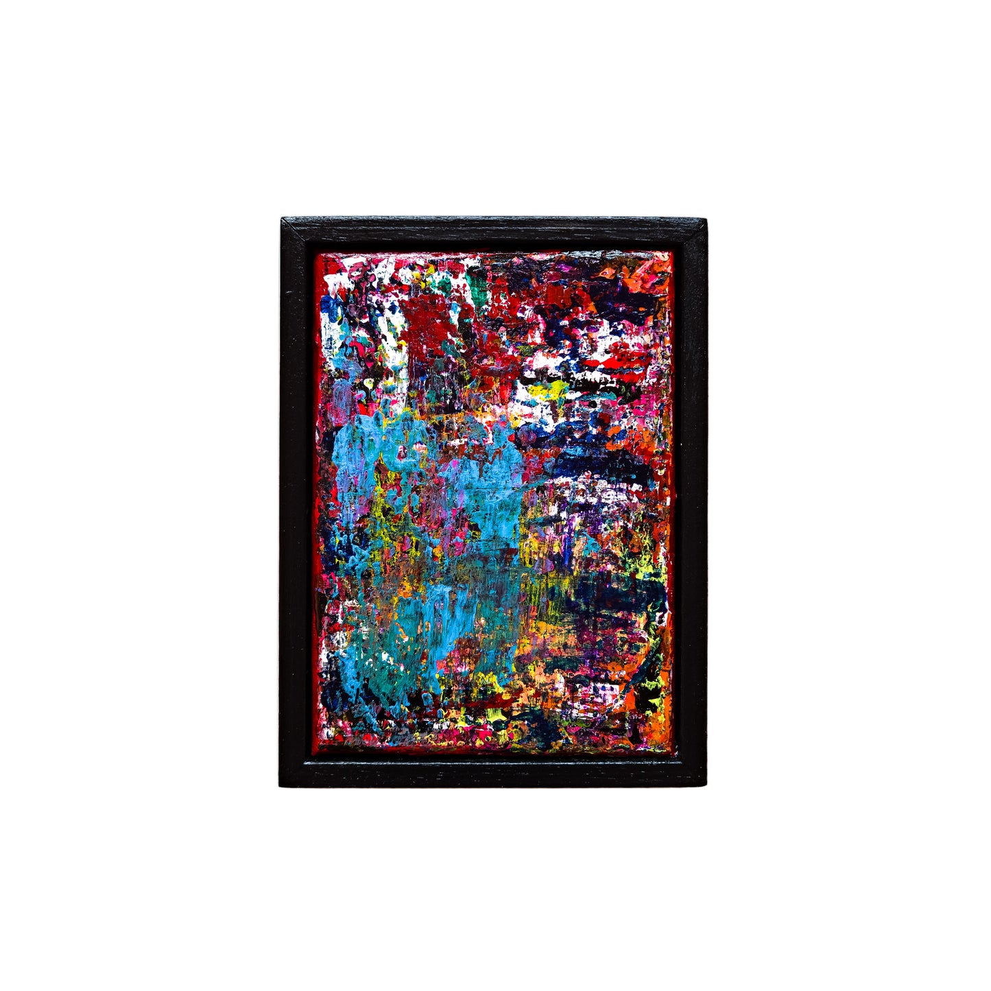 Framed abstract painting with multicolors on a white background