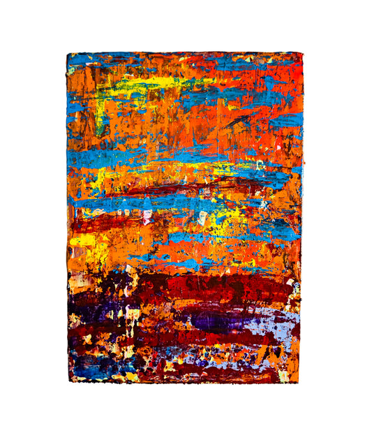 This image features a vibrant abstract painting titled "Reflection #8". Created with acrylic paints applied robustly with a palette knife on a birch veneer panel, the artwork showcases an intense interplay of colors including fiery orange, deep blue, and electric yellow.