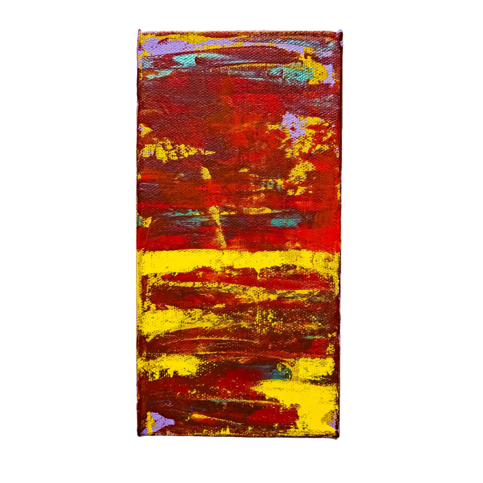 Abstract painting with red, yellow, and blue colors on a white background